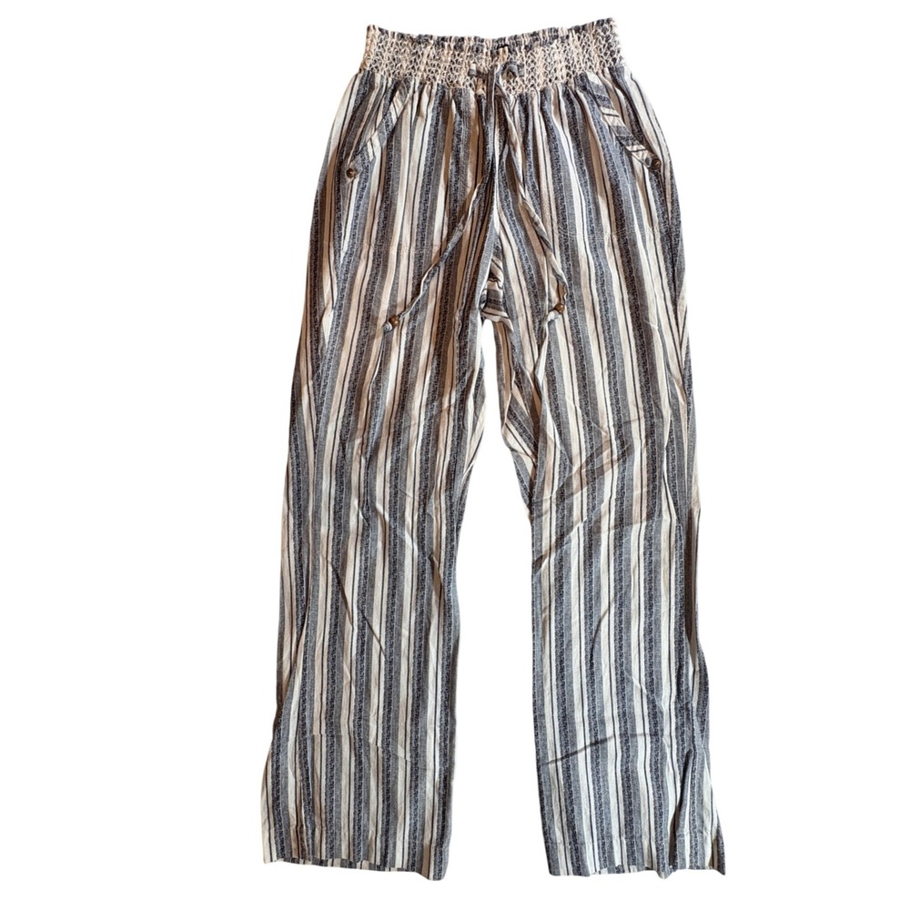 Soundstyle Linen Blend Pants Womens Small Navy Striped Wide Leg Summer Beach